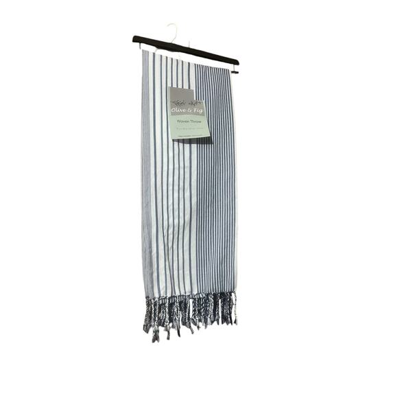 Olive & Fig Cotton Throw in Blue Striped with Fringe 50” x 60” - Picture 1 of 3